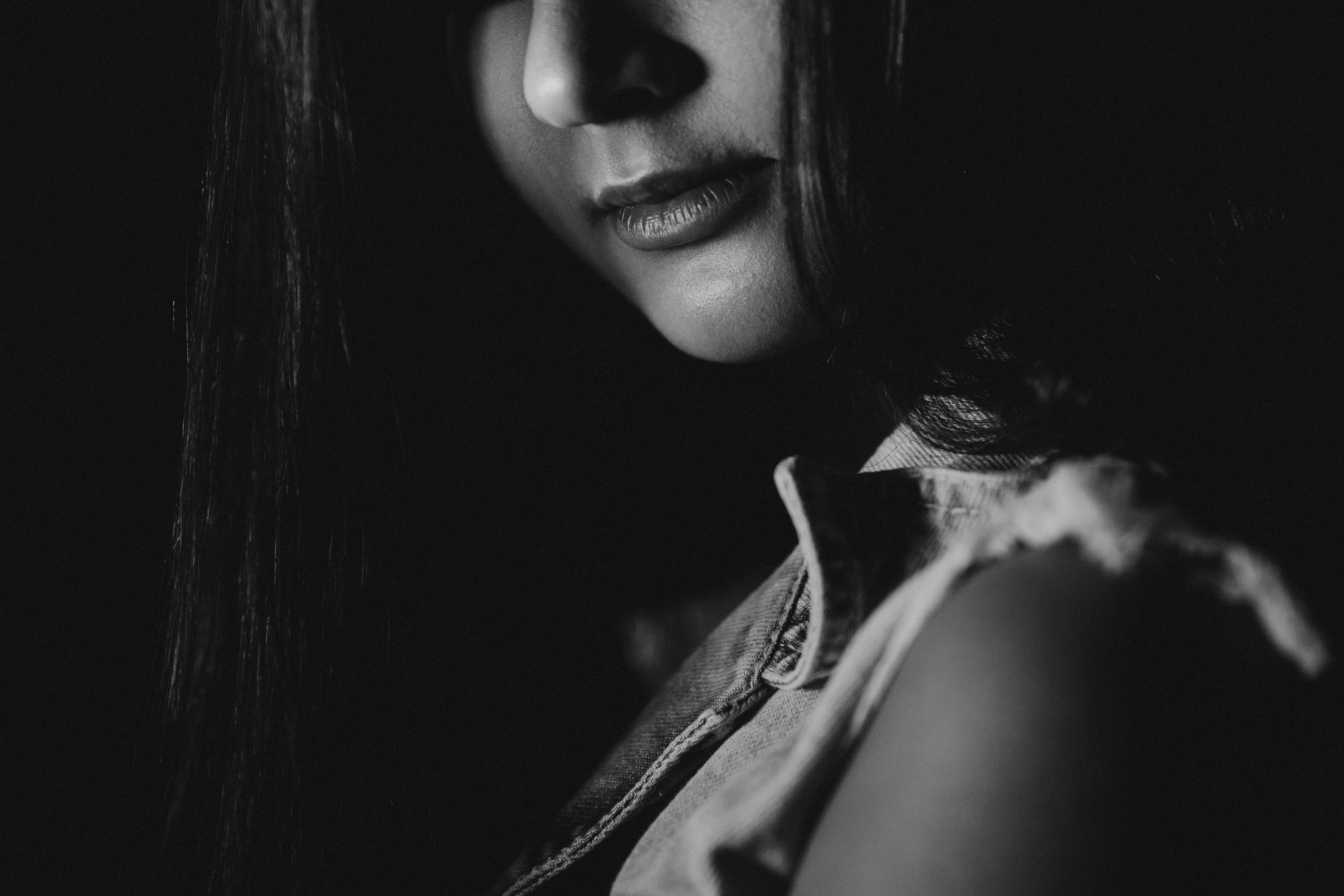 grayscale photography of woman wearing collared top